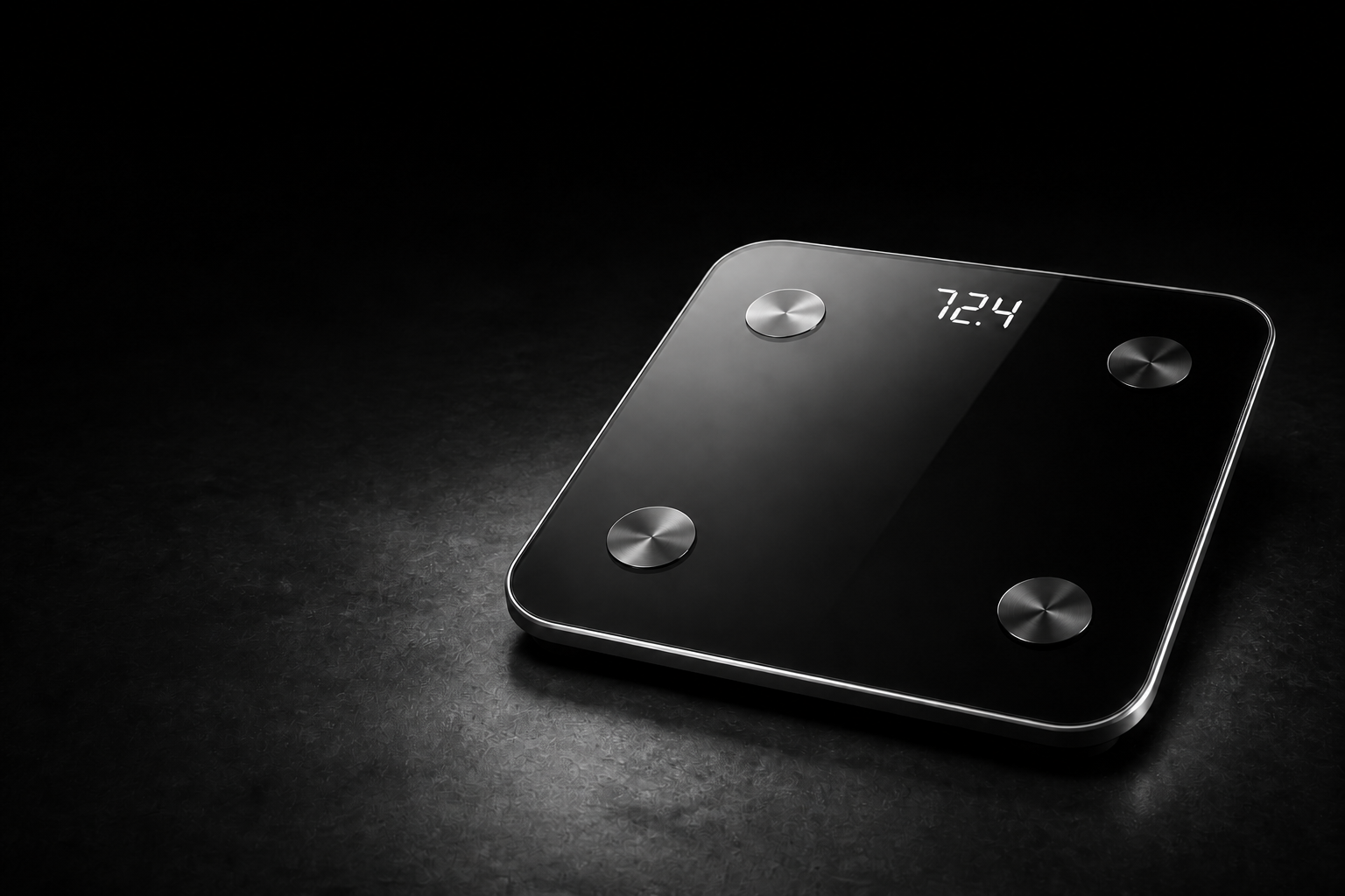 A slim black personal weighing scale with a bright digital display